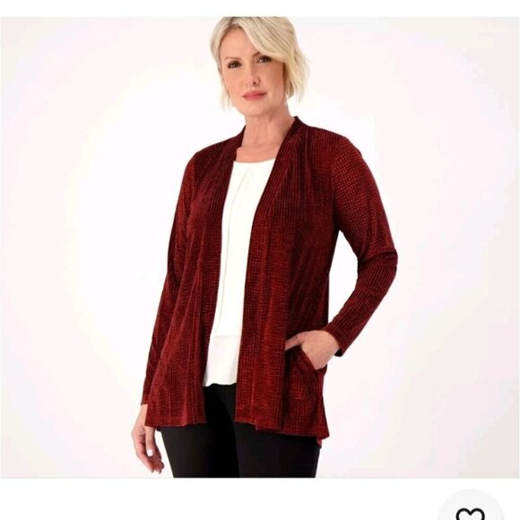 Susan Graver Occasions 1X Petite Pleated Velvet Open Cardigan Rust Red Boho - Picture 1 of 9